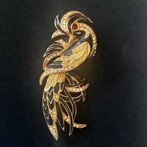 Vintage Bird of Paradise Brooch Pin Black Enamel Gold Tone Large Statement Piece